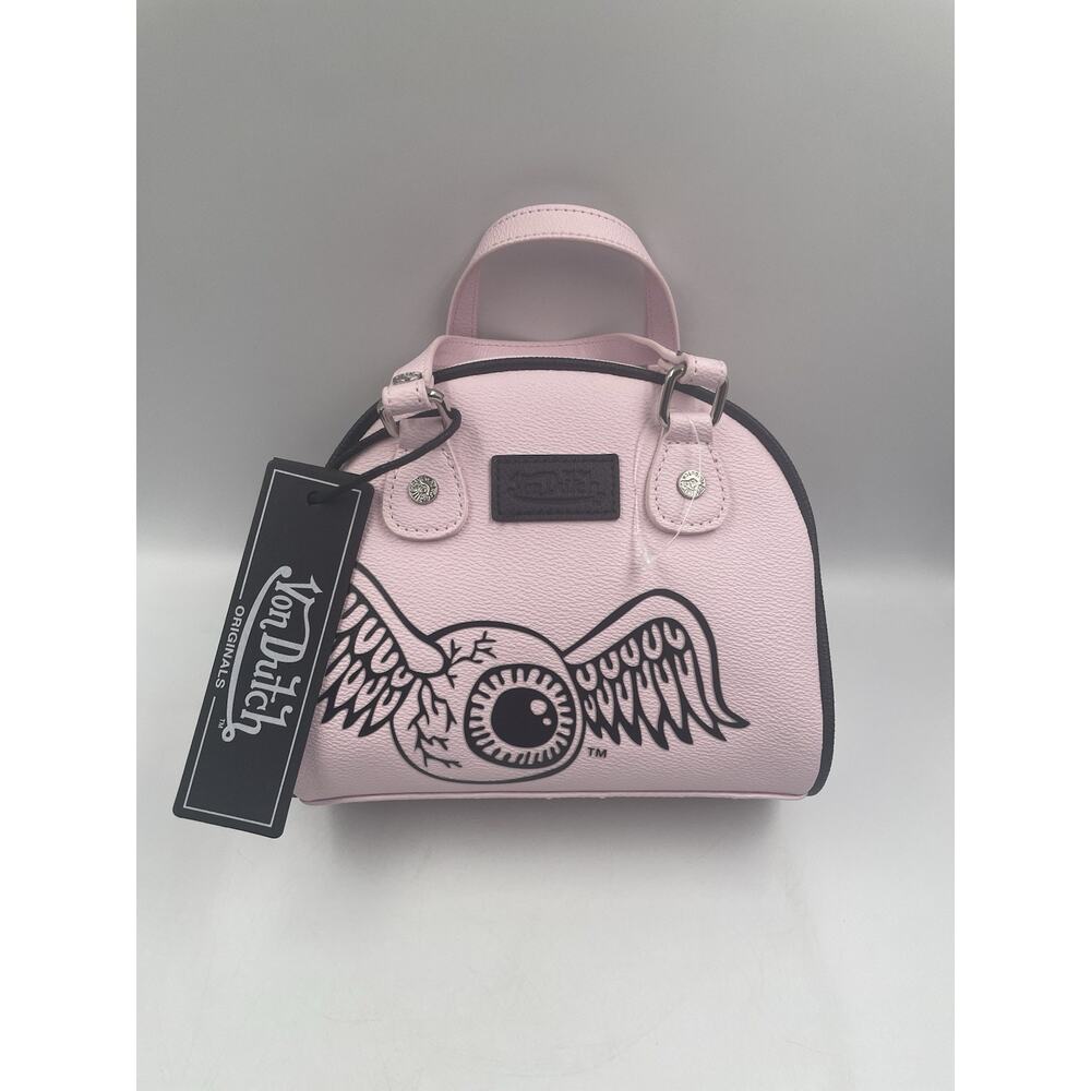 Von Dutch Black White Satchel Bag Logo Wing Graphic Print Detachable Strap